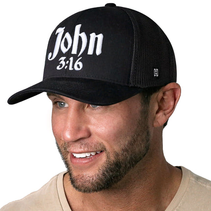 John 3:16 Trucker Hat  |  Black Christian 3D Puff Snapback