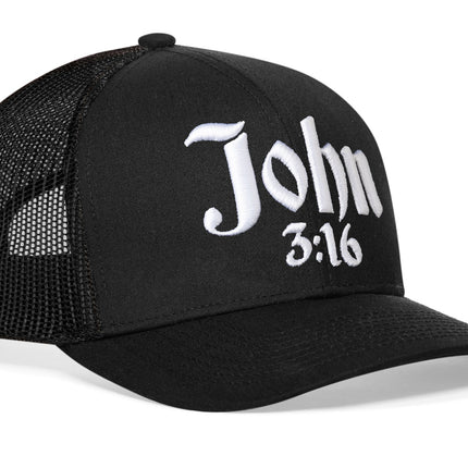 John 3:16 Trucker Hat  |  Black Christian 3D Puff Snapback