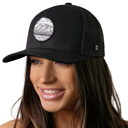 Circle Mountain and Trees Trucker Hat  |  Black Outdoors Snapback