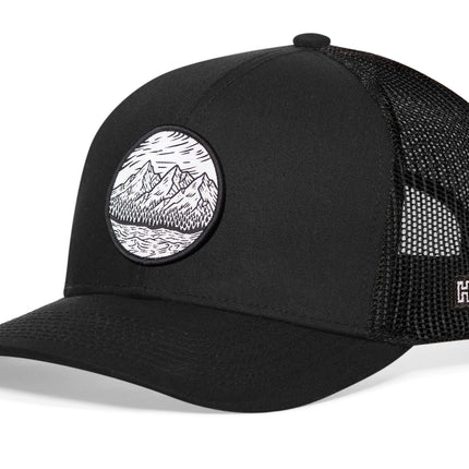 Circle Mountain and Trees Trucker Hat  |  Black Outdoors Snapback