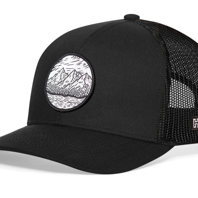 Circle Mountain and Trees Trucker Hat  |  Black Outdoors Snapback