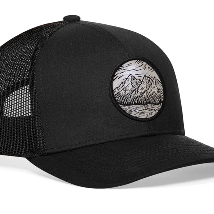 Circle Mountain and Trees Trucker Hat  |  Black Outdoors Snapback