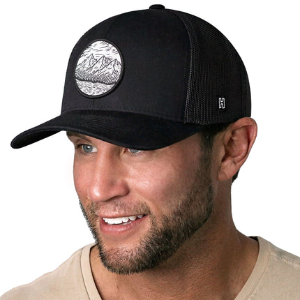 Circle Mountain and Trees Trucker Hat  |  Black Outdoors Snapback
