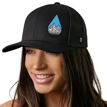 Rainddrop Mountain and Trees Trucker Hat  |  Black Outdoors Snapback