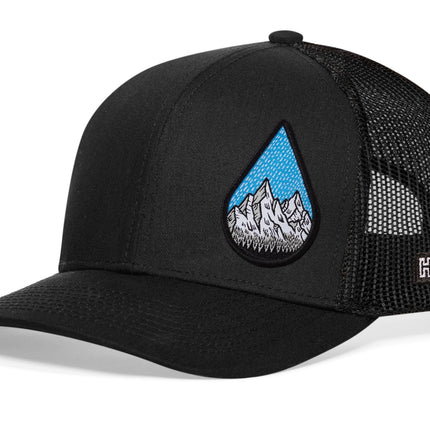 Rainddrop Mountain and Trees Trucker Hat  |  Black Outdoors Snapback