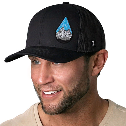 Rainddrop Mountain and Trees Trucker Hat  |  Black Outdoors Snapback