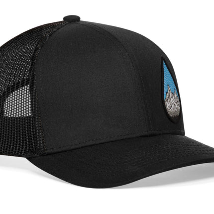 Rainddrop Mountain and Trees Trucker Hat  |  Black Outdoors Snapback