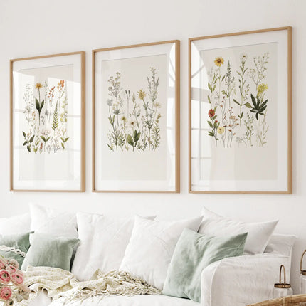 Watercolor Set of 3. Colorful Wildflower Prints