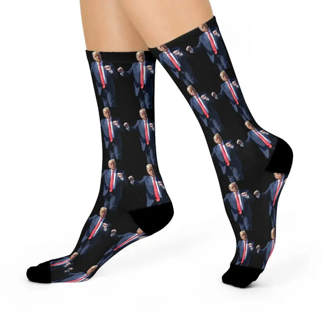 Black Athletic Socks with Repeating Donald Trump Suit Design