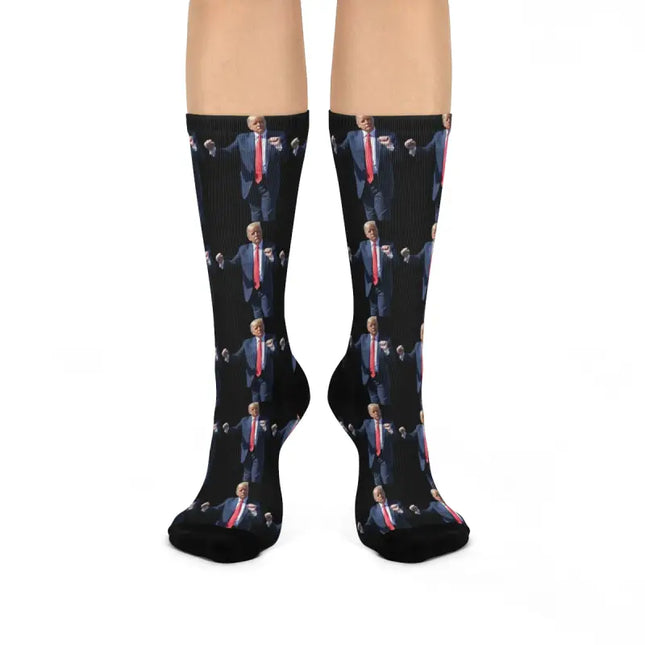 Black Athletic Socks with Repeating Donald Trump Suit Design