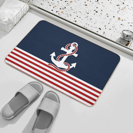 Nautical Red White Stripes And Red Anchor on Blue Background  Odorless Bath Mat