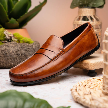 MONZA Hand Burnished Italian Calfskin Driving Loafers Cognac
