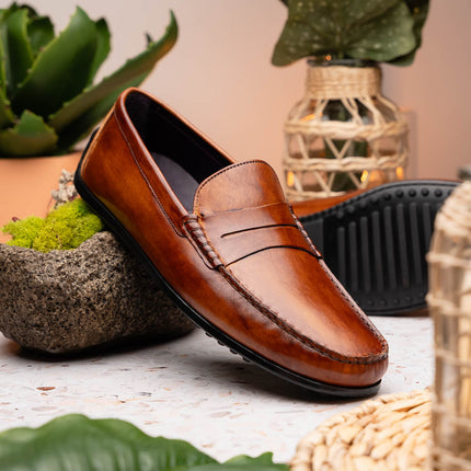 MONZA Hand Burnished Italian Calfskin Driving Loafers Cognac