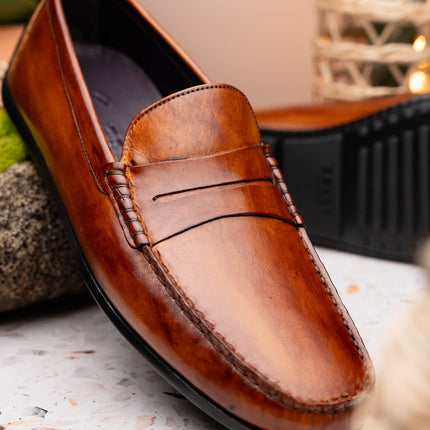 MONZA Hand Burnished Italian Calfskin Driving Loafers Cognac