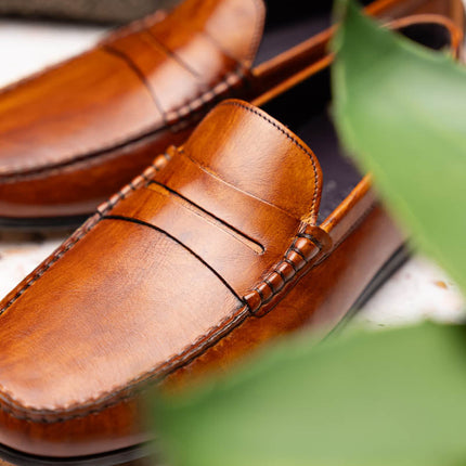MONZA Hand Burnished Italian Calfskin Driving Loafers Cognac