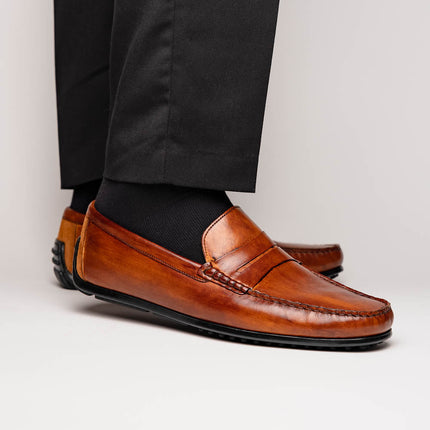 MONZA Hand Burnished Italian Calfskin Driving Loafers Cognac