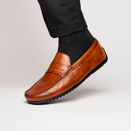 MONZA Hand Burnished Italian Calfskin Driving Loafers Cognac