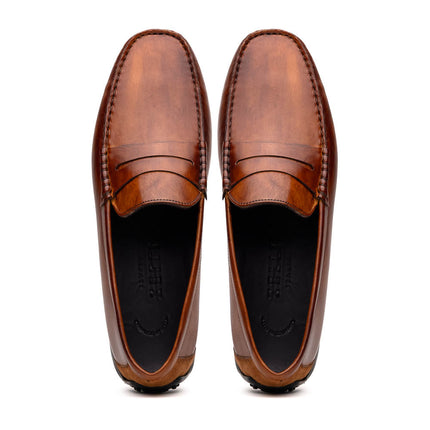 MONZA Hand Burnished Italian Calfskin Driving Loafers Cognac