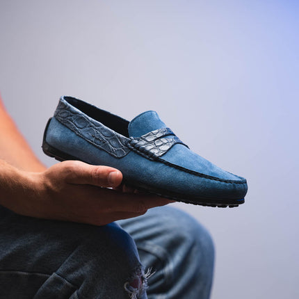 MONZA Sueded Calfskin with Crocodile Driver Denim