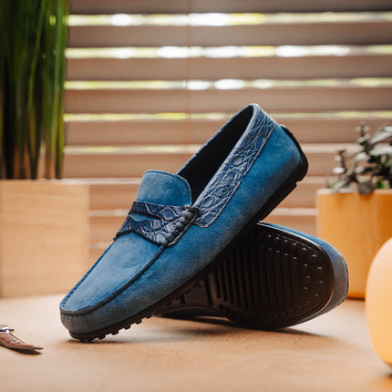 MONZA Sueded Calfskin with Crocodile Driver Denim