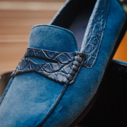 MONZA Sueded Calfskin with Crocodile Driver Denim