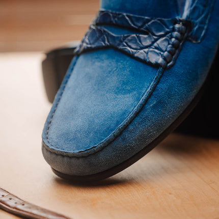 MONZA Sueded Calfskin with Crocodile Driver Denim