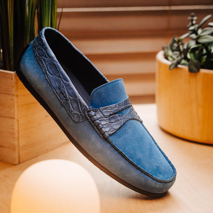 MONZA Sueded Calfskin with Crocodile Driver Denim