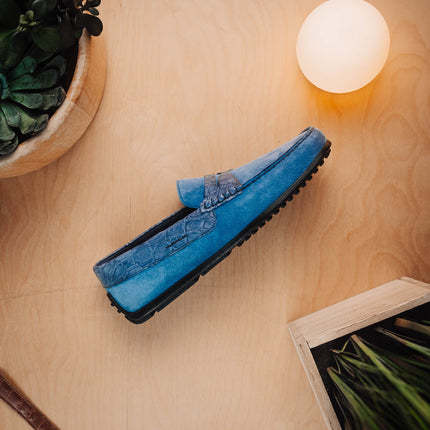MONZA Sueded Calfskin with Crocodile Driver Denim