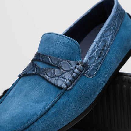MONZA Sueded Calfskin with Crocodile Driver Denim