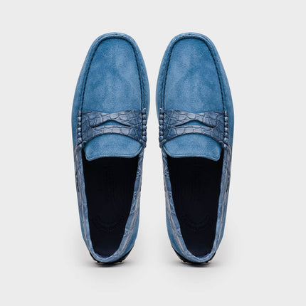 MONZA Sueded Calfskin with Crocodile Driver Denim