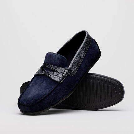 MONZA Sueded Calfskin with Crocodile Driver, Navy