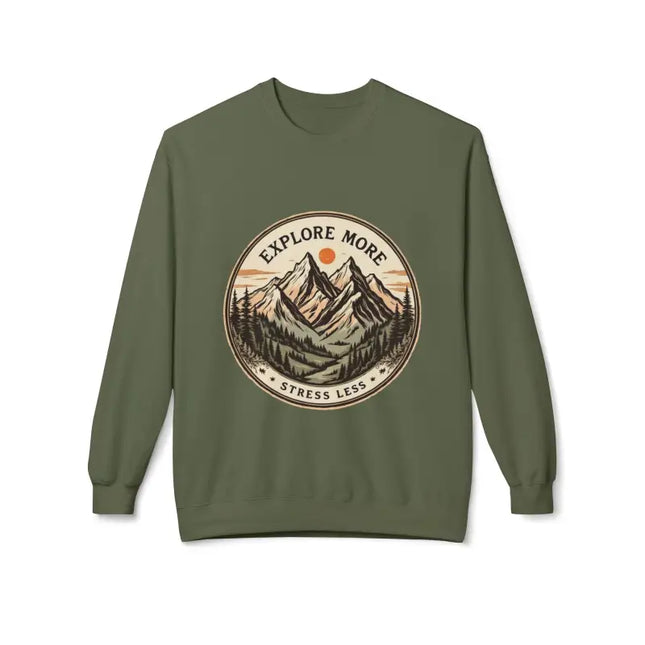 Olive Green Crewneck Sweatshirt Mountain Design Explore More Stress Less